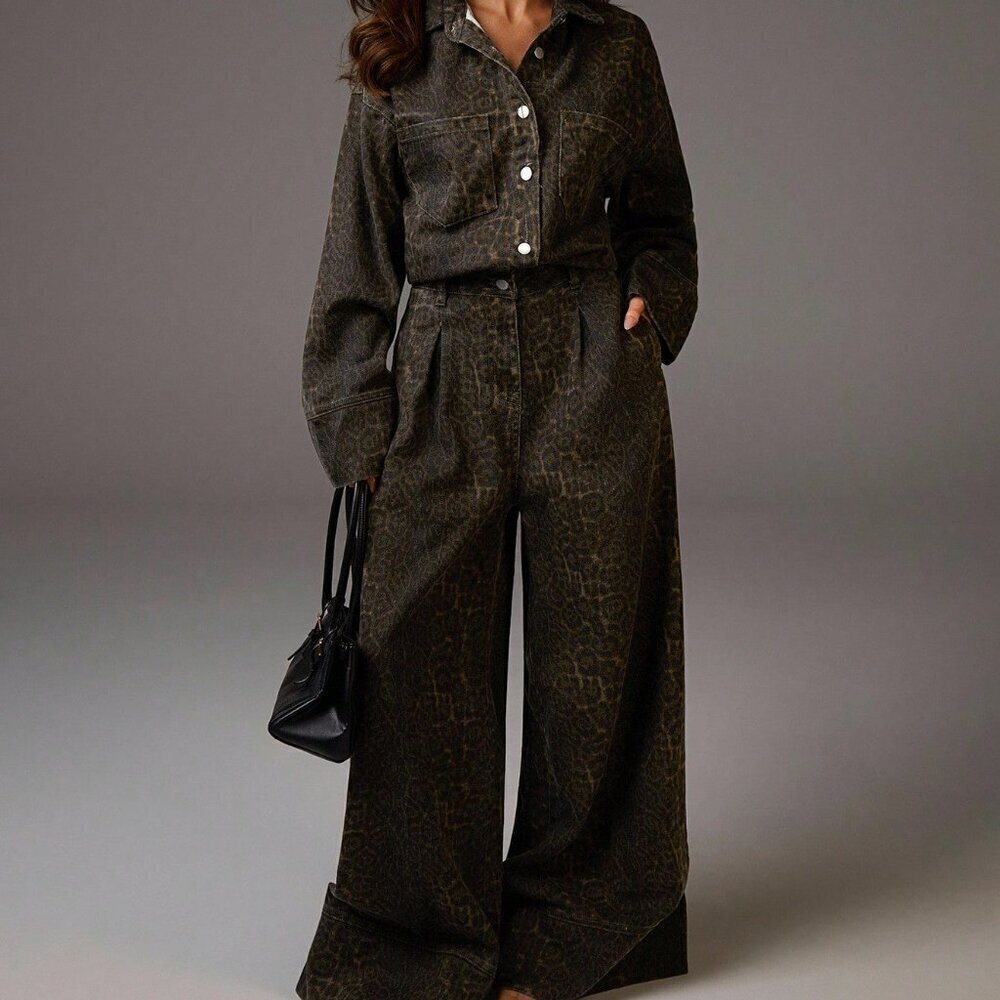 Casual Women's leopard Long Sleeve Button Pocketed Wide Leg jumpsuit